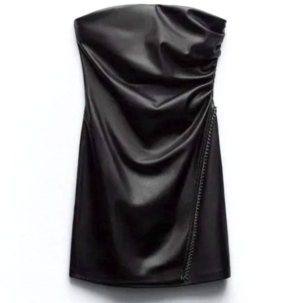 Zara Faux Leather Ruched Strapless Mini Dress In Black Size L EUC